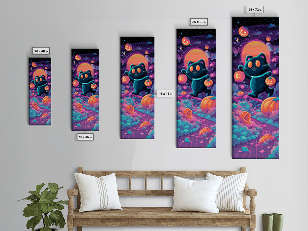 The Black Cat Baker, Cute Spooky Neon Art, Tall Narrow Wall Art, Framed Canvas Print, Retro Halloween Decor, Neon Wall Art