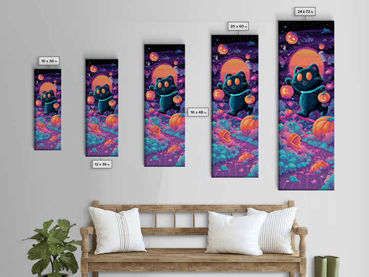 The Black Cat Baker, Cute Spooky Neon Art, Tall Narrow Wall Art, Framed Canvas Print, Retro Halloween Decor, Neon Wall Art