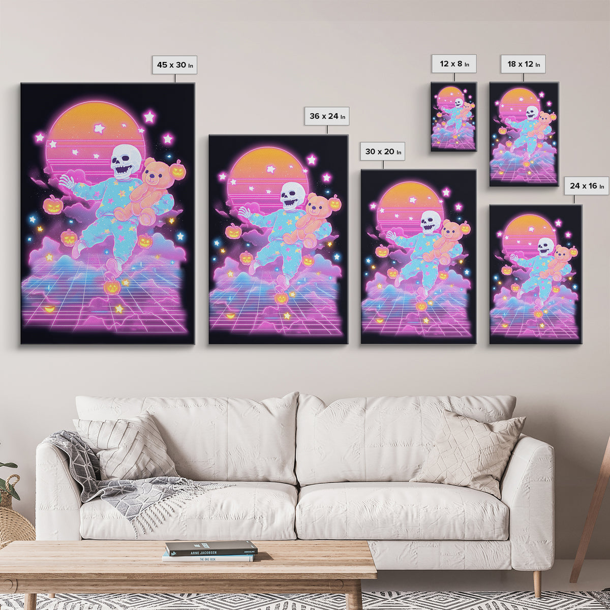 The Pajama Skeleton, Synthwave Halloween Art, Vertical Wall Art, Framed Canvas Print, Retro Halloween Decor, Neon Wall Art