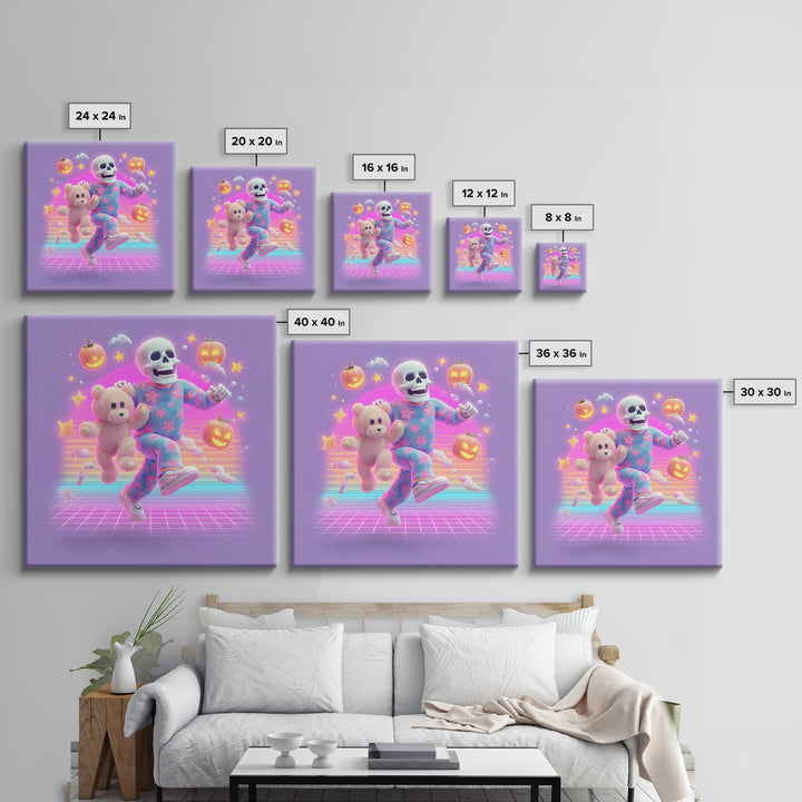 The Pajama Skeleton, Synthwave Halloween Art, Square Wall Art, Canvas Print, Retro Halloween Decor, Neon Wall Art, Spooky Wall Decor