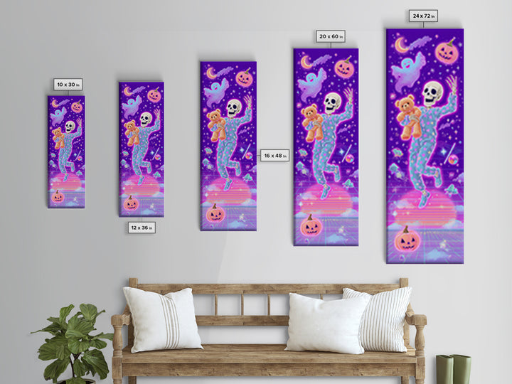 The Pajama Skeleton, Vaporwave Halloween Decor, Tall Narrow Wall Art, Framed Canvas Print, Retro Halloween Decor, Neon Wall Art