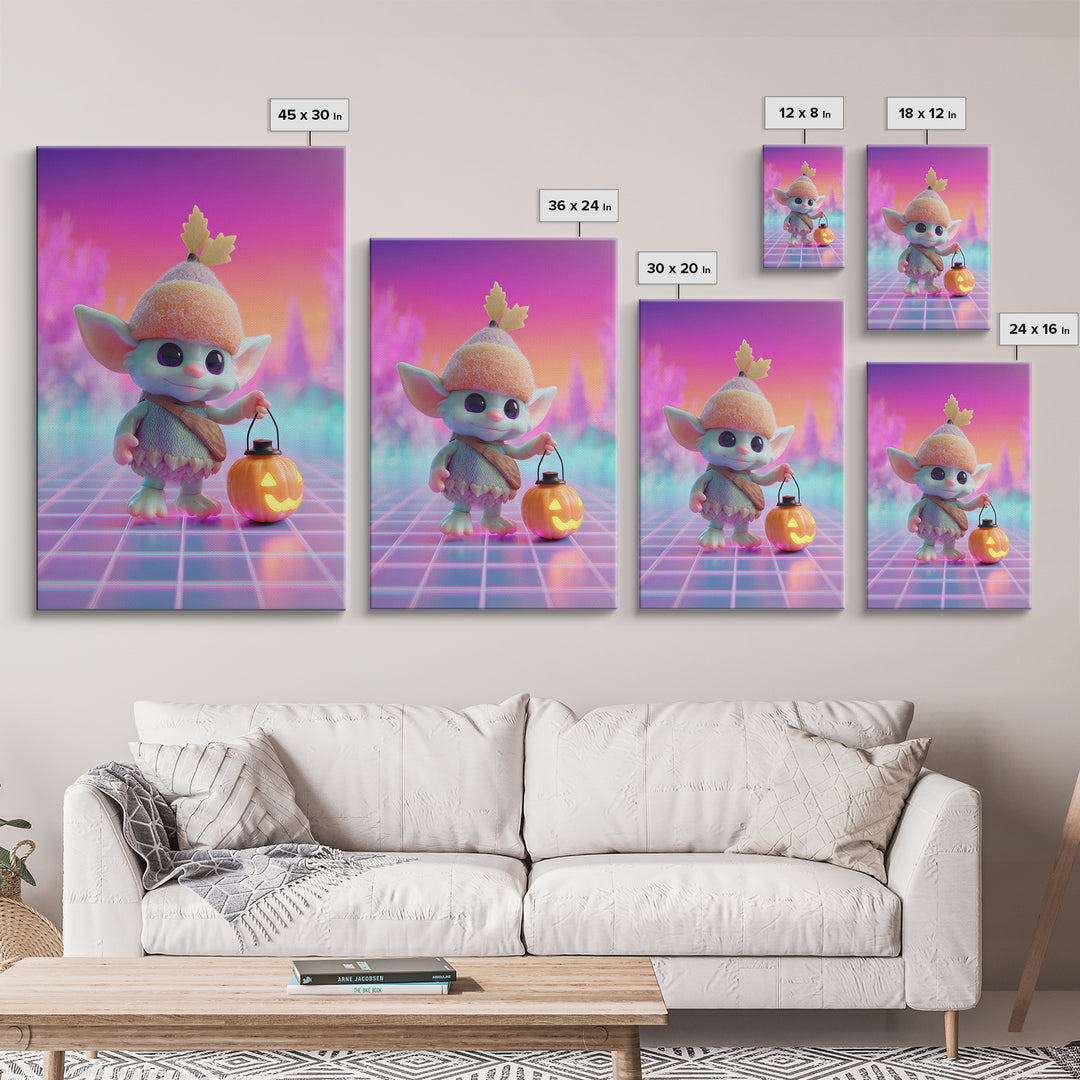 The Acorn Goblin, Cute Spooky Neon Art, Vertical Wall Art, Framed Canvas Print, Retro Halloween Decor, Neon Wall Art, Spooky Wall Decor
