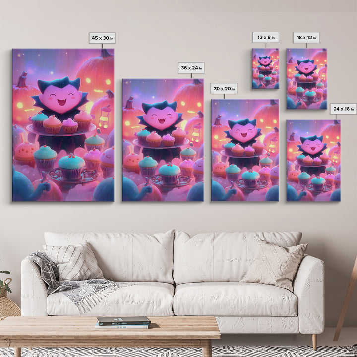 The Cupcake Vampire, Vaporwave Halloween Decor, Vertical Wall Art, Framed Canvas Print, Retro Halloween Decor, Neon Wall Art