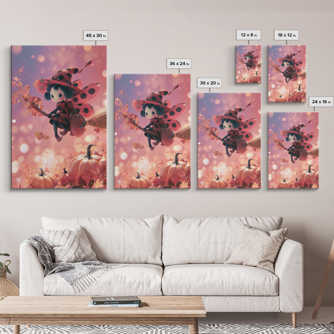 The Ladybug Witch, 80s Halloween Wall Art, Vertical Wall Art, Framed Canvas Print, Retro Halloween Decor, Neon Wall Art