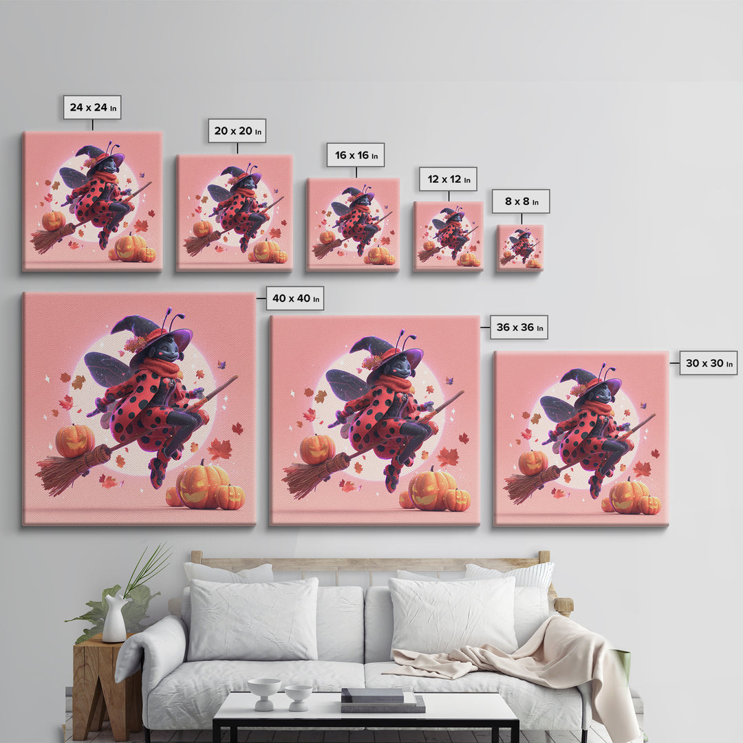 The Ladybug Witch, Retro Neon Halloween Art, Square Wall Art, Canvas Print, Retro Halloween Decor, Neon Wall Art, Halloween Wall Art