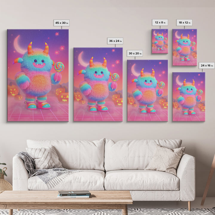 The Rainbow Monster, Vaporwave Halloween Decor, Vertical Wall Art, Canvas Print, Retro Halloween Decor, Neon Wall Art, Dark Fantasy Art