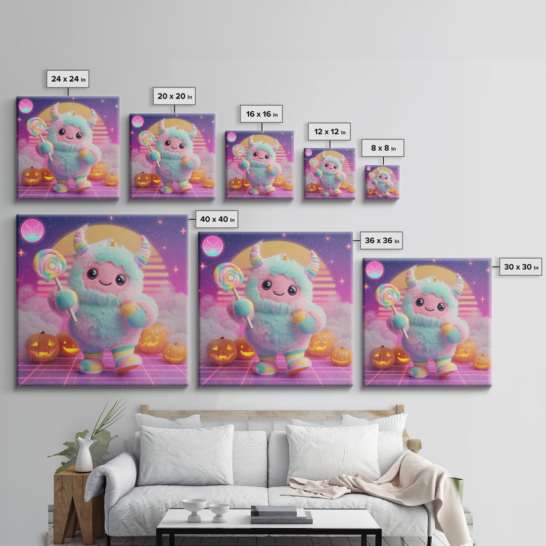 The Rainbow Monster, Synthwave Halloween Art, Square Wall Art, Canvas Print, Retro Halloween Decor, Neon Wall Art, Collectible Wall Decor