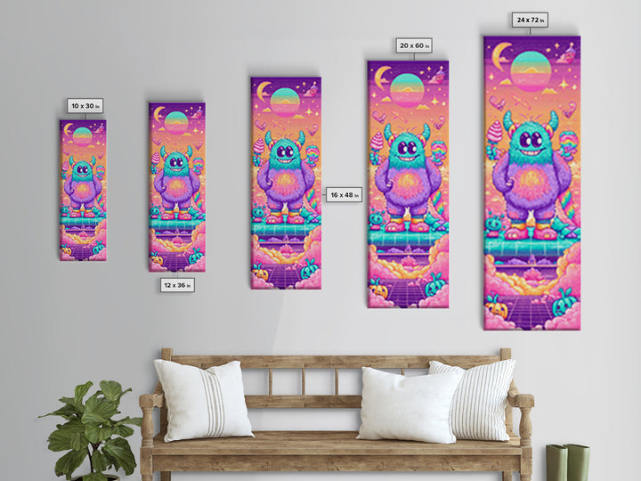 The Rainbow Monster, Synthwave Halloween Art, Tall Narrow Wall Art, Canvas Print, Retro Halloween Decor, Neon Wall Art, Horror Wall Art