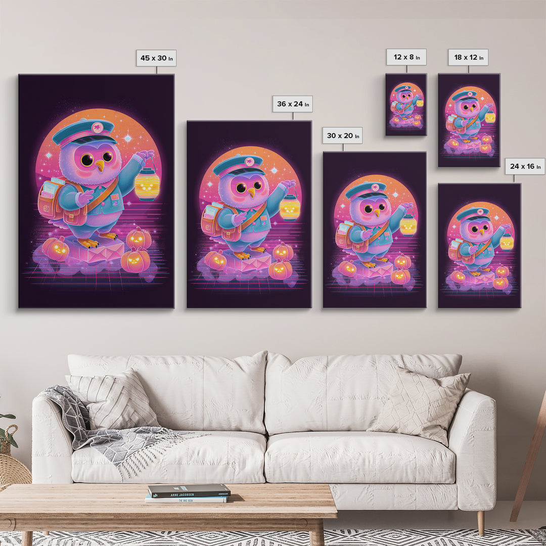 The Owl Postmaster, Cute Spooky Neon Art, Vertical Wall Art, Framed Canvas Print, Retro Halloween Decor, Neon Wall Art, Halloween Wall Art