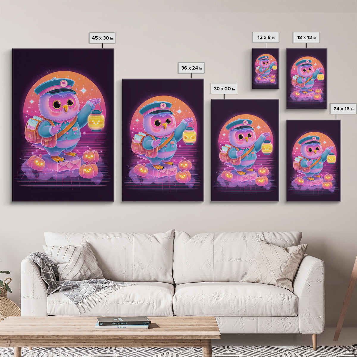 The Owl Postmaster, Cute Spooky Neon Art, Vertical Wall Art, Framed Canvas Print, Retro Halloween Decor, Neon Wall Art, Halloween Wall Art