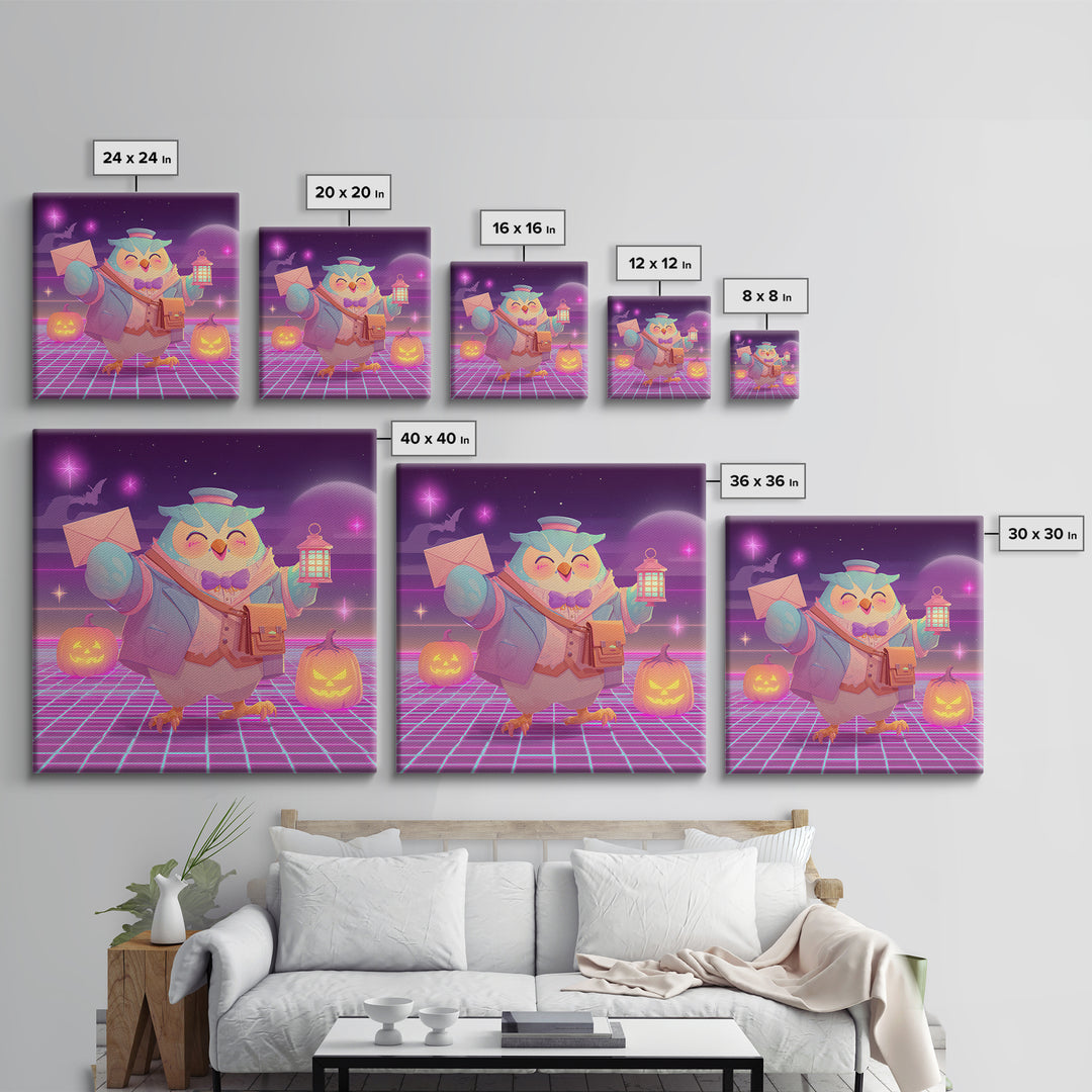 The Owl Postmaster, Retro Neon Halloween Art, Square Wall Art, Framed Canvas Print, Retro Halloween Decor, Neon Wall Art, Halloween Wall Art