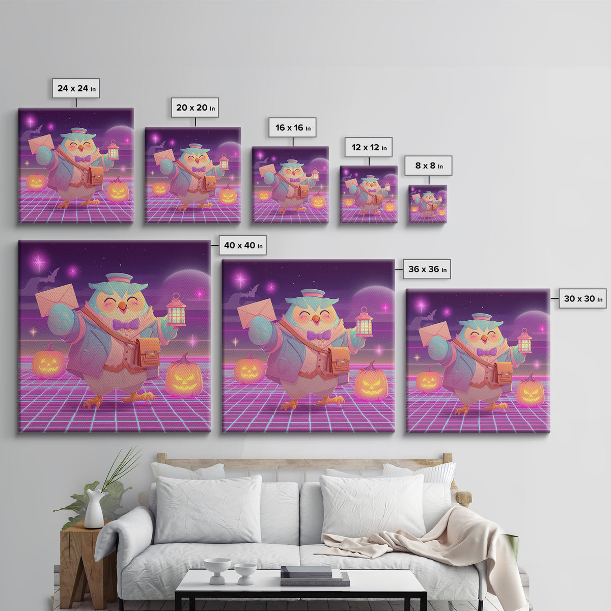The Owl Postmaster, Retro Neon Halloween Art, Square Wall Art, Framed Canvas Print, Retro Halloween Decor, Neon Wall Art, Halloween Wall Art