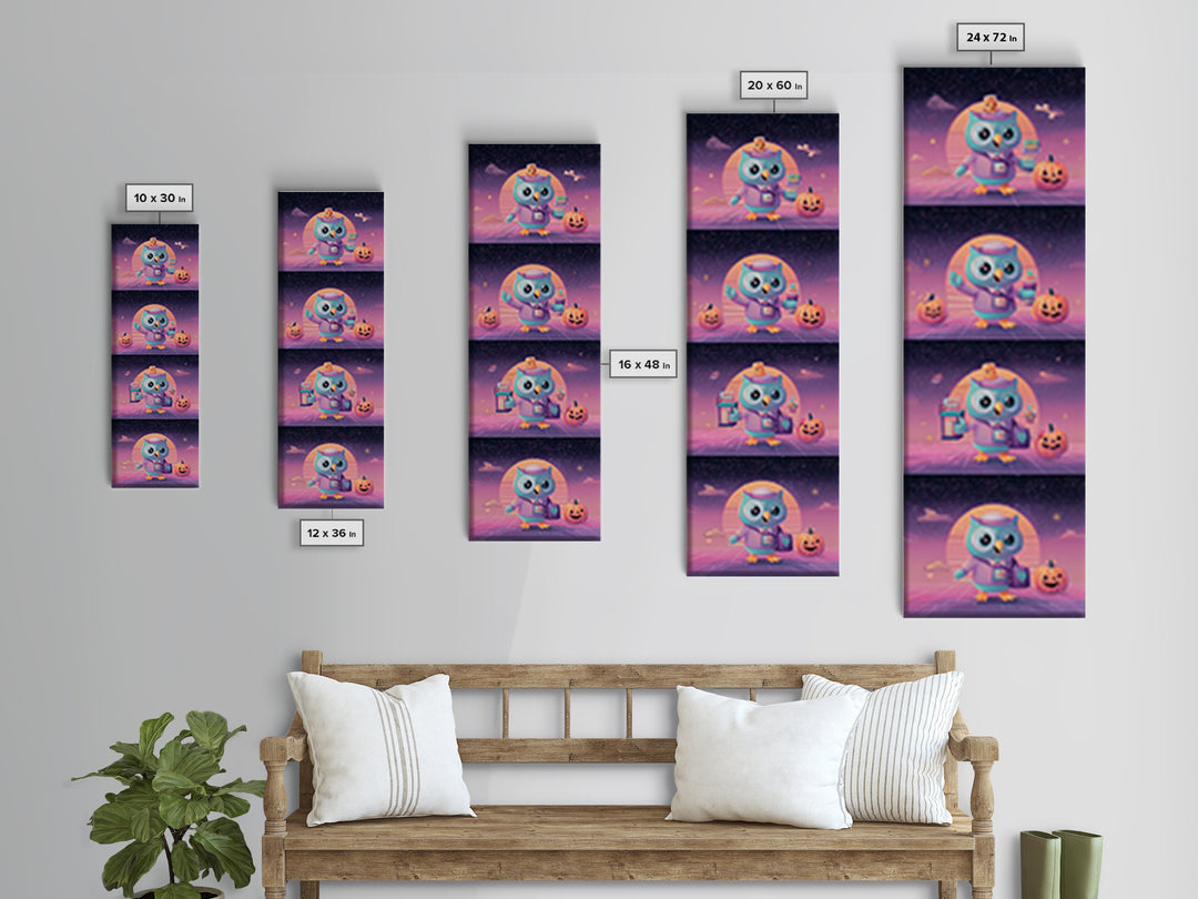 The Owl Postmaster, Vaporwave Halloween Decor, Tall Narrow Wall Art, Framed Canvas Print, Retro Halloween Decor, Neon Wall Art