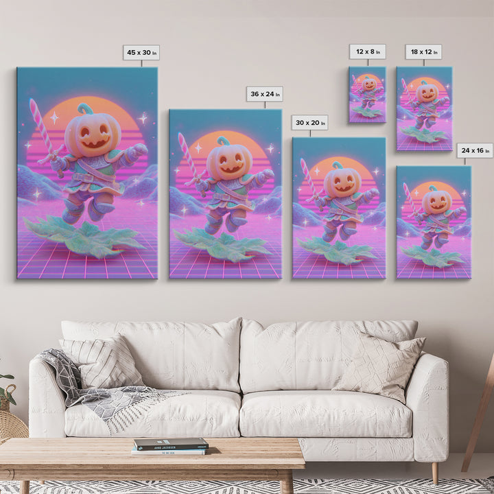 The Pumpkin Knight, 80s Halloween Wall Art, Vertical Wall Art, Framed Canvas Print, Retro Halloween Decor, Neon Wall Art, Horror Wall Art