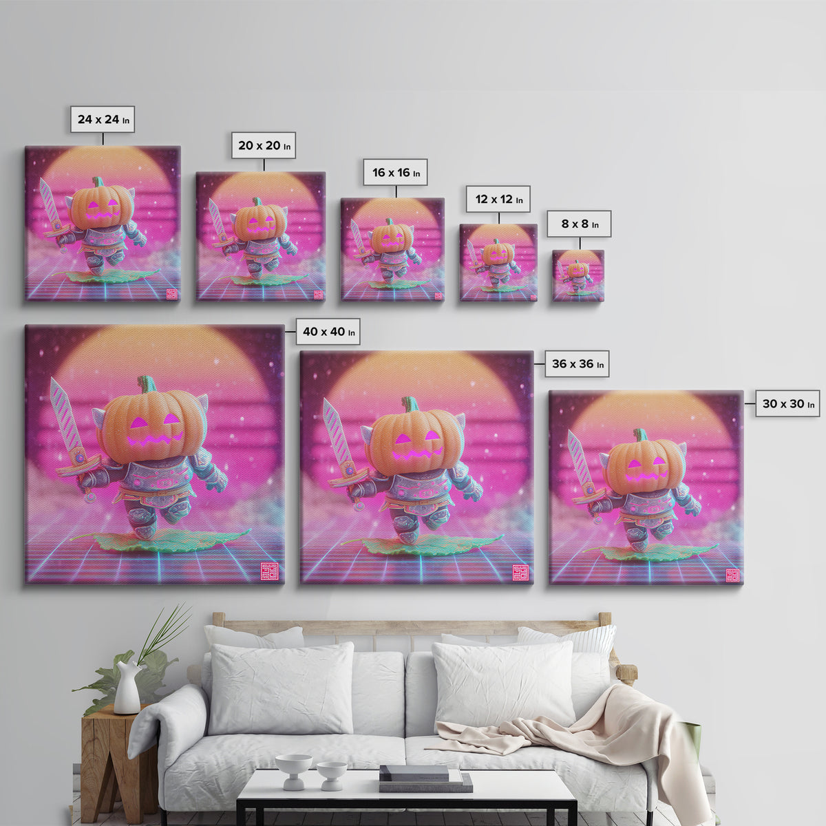 The Pumpkin Knight, Synthwave Halloween Art, Square Wall Art, Canvas Print, Retro Halloween Decor, Neon Wall Art, Spooky Wall Decor