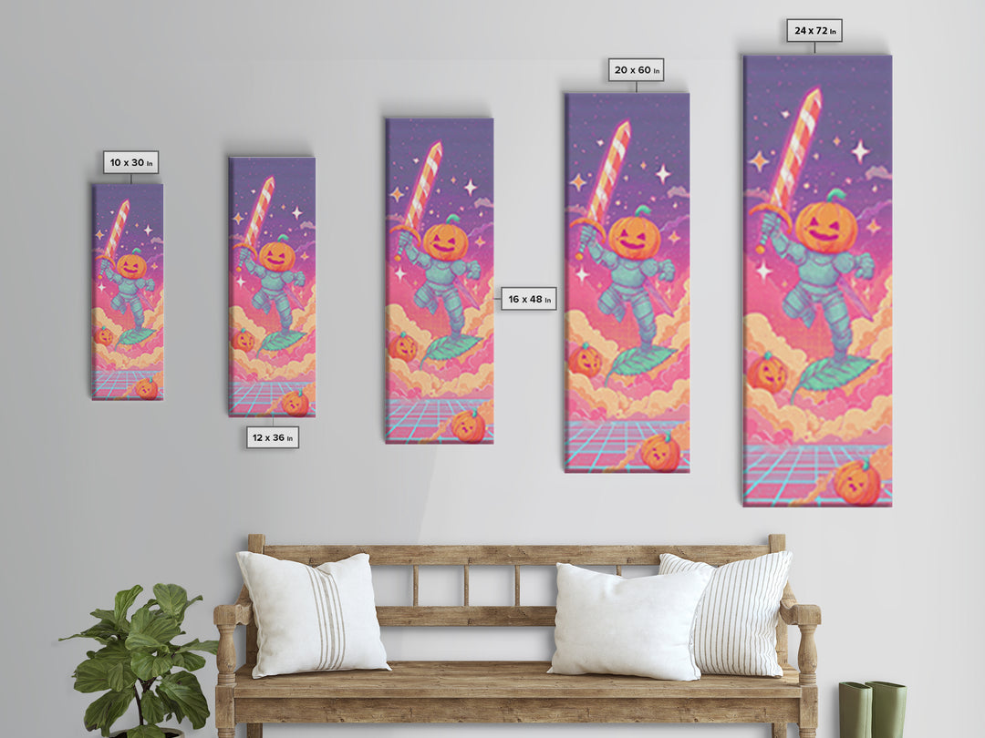 The Pumpkin Knight, Cute Spooky Neon Art, Tall Narrow Wall Art, Canvas Print, Retro Halloween Decor, Neon Wall Art, Dark Fantasy Art
