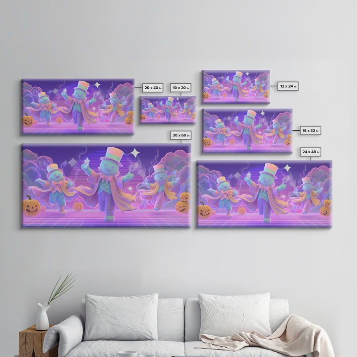 The Star-Cape Magician, Synthwave Halloween Art, Wide Panoramic Art, Framed Canvas Print, Retro Halloween Decor, Neon Wall Art