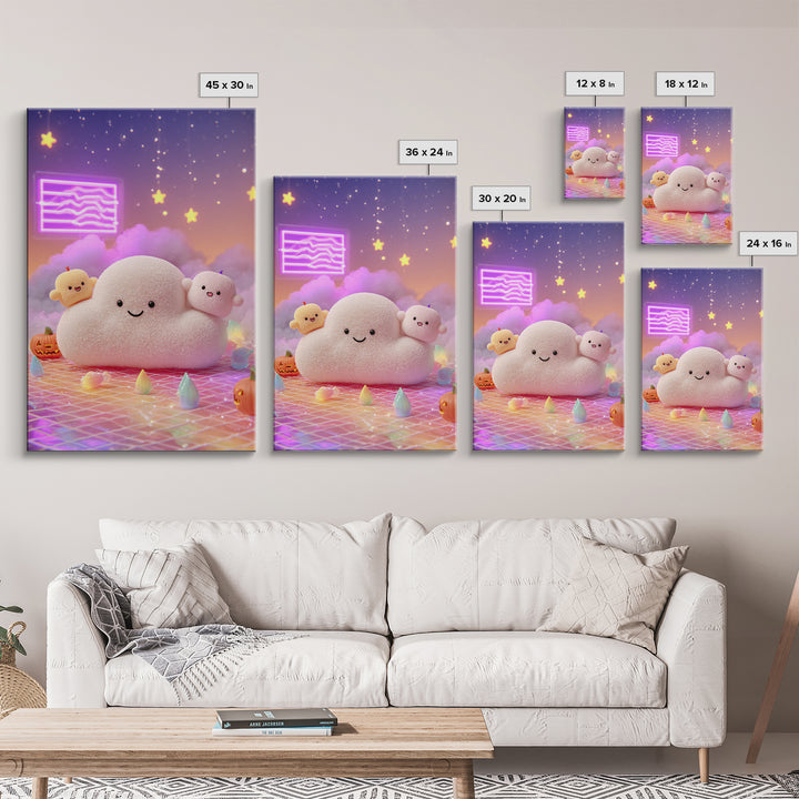 The Cloud Ghost, Retro Neon Halloween Art, Vertical Wall Art, Canvas Print, Retro Halloween Decor, Neon Wall Art, Seasonal Home Decor