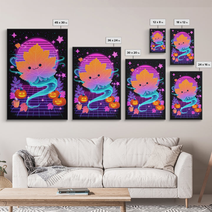 The Autumn Leaf Sprite, Retro Neon Halloween Art, Vertical Wall Art, Canvas Print, Retro Halloween Decor, Neon Wall Art, Horror Wall Art
