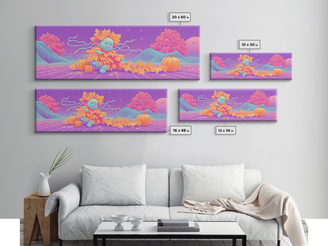 The Autumn Leaf Sprite, Retro Neon Halloween Art, Extra Wide Wall Art, Framed Canvas Print, Retro Halloween Decor, Neon Wall Art
