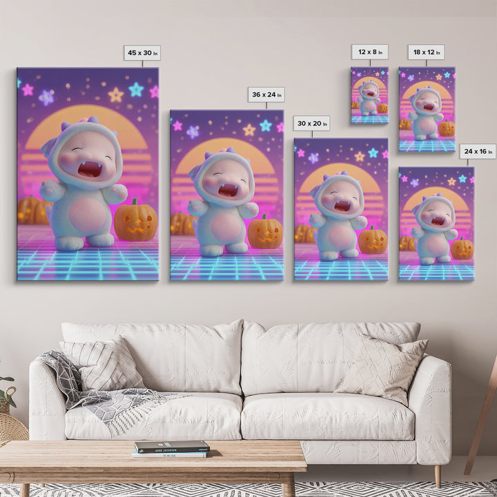 The Sleepy Costume Dragon, Synthwave Halloween Art, Vertical Wall Art, Canvas Print, Retro Halloween Decor, Neon Wall Art, Gothic Home Decor