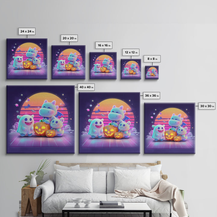 The Sleepy Costume Dragon, Vaporwave Halloween Decor, Square Wall Art, Canvas Print, Retro Halloween Decor, Neon Wall Art