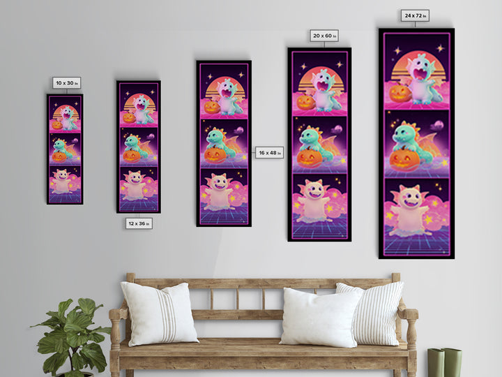 The Sleepy Costume Dragon, Synthwave Halloween Art, Tall Narrow Wall Art, Canvas Print, Retro Halloween Decor, Neon Wall Art