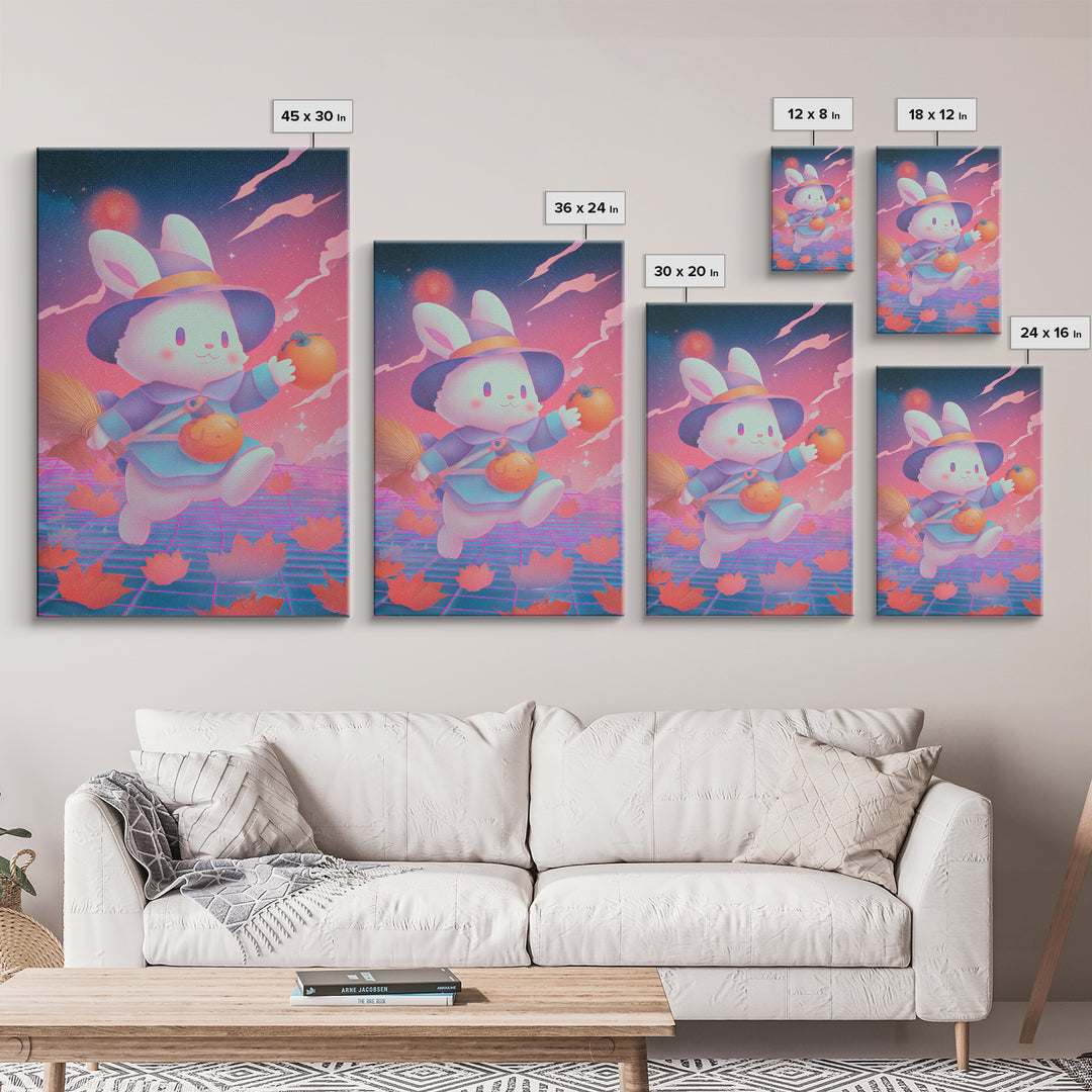 The Bunny Witch, Retro Neon Halloween Art, Vertical Wall Art, Canvas Print, Retro Halloween Decor, Neon Wall Art, Collectible Wall Decor