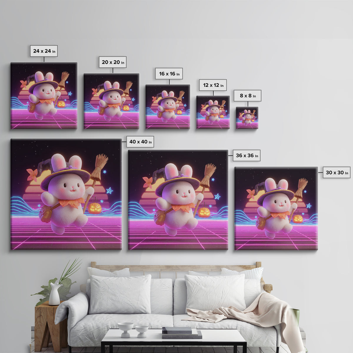 The Bunny Witch, Retro Neon Halloween Art, Square Wall Art, Framed Canvas Print, Retro Halloween Decor, Neon Wall Art