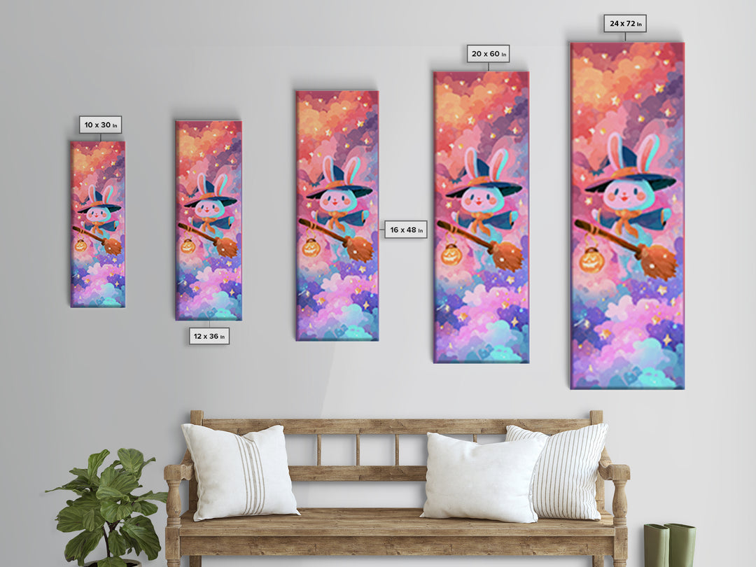 The Bunny Witch, Retro Neon Halloween Art, Tall Narrow Wall Art, Framed Canvas Print, Retro Halloween Decor, Neon Wall Art, Horror Wall Art