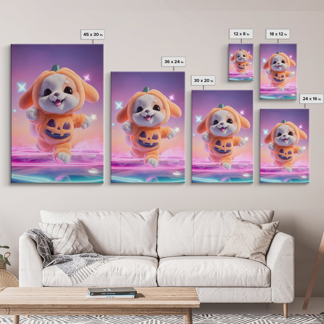 The Pumpkin Puppy, 80s Halloween Wall Art, Vertical Wall Art, Framed Canvas Print, Retro Halloween Decor, Neon Wall Art, Dark Fantasy Art