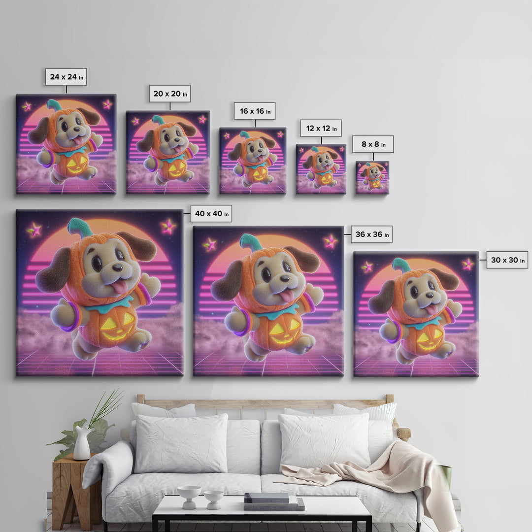 The Pumpkin Puppy, 80s Halloween Wall Art, Square Wall Art, Canvas Print, Retro Halloween Decor, Neon Wall Art, Collectible Wall Decor