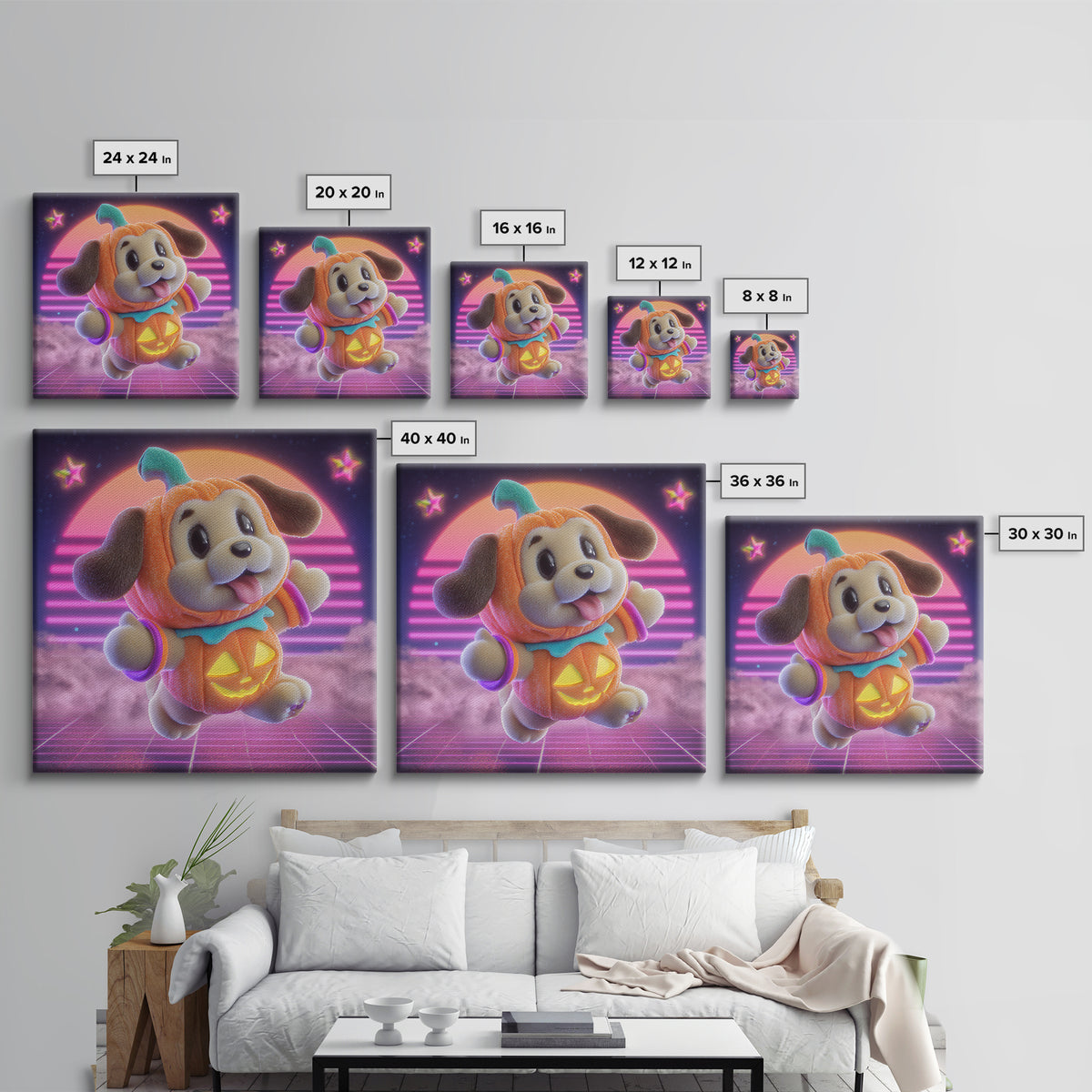 The Pumpkin Puppy, 80s Halloween Wall Art, Square Wall Art, Canvas Print, Retro Halloween Decor, Neon Wall Art, Collectible Wall Decor