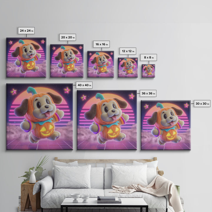 The Pumpkin Puppy, 80s Halloween Wall Art, Square Wall Art, Canvas Print, Retro Halloween Decor, Neon Wall Art, Collectible Wall Decor