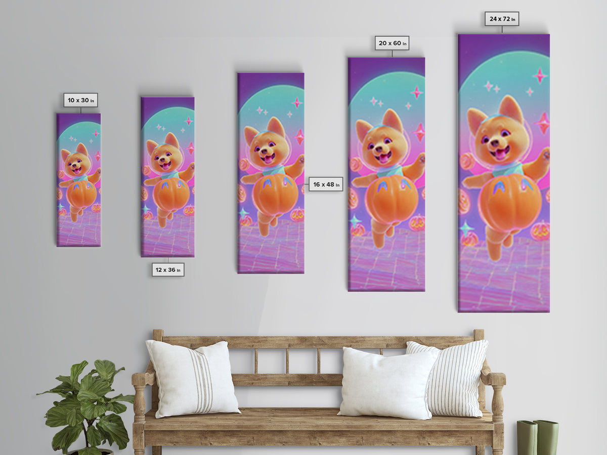 The Pumpkin Puppy, Retro Neon Halloween Art, Tall Narrow Wall Art, Canvas Print, Retro Halloween Decor, Neon Wall Art