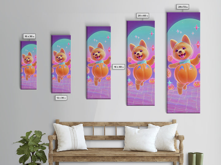The Pumpkin Puppy, Retro Neon Halloween Art, Tall Narrow Wall Art, Canvas Print, Retro Halloween Decor, Neon Wall Art