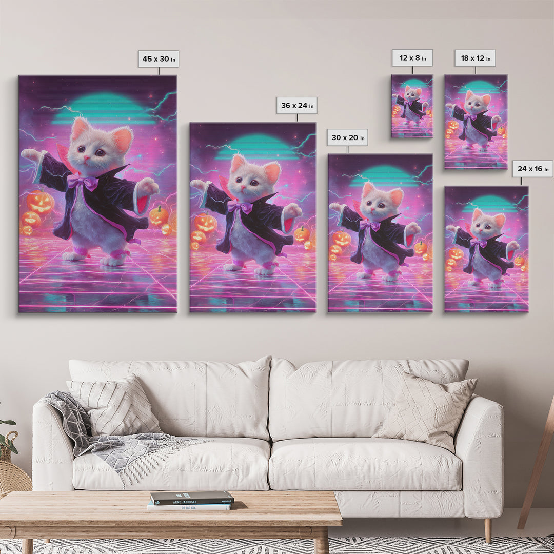 The Kitten Vampire, Cute Spooky Neon Art, Vertical Wall Art, Canvas Print, Retro Halloween Decor, Neon Wall Art, Horror Wall Art