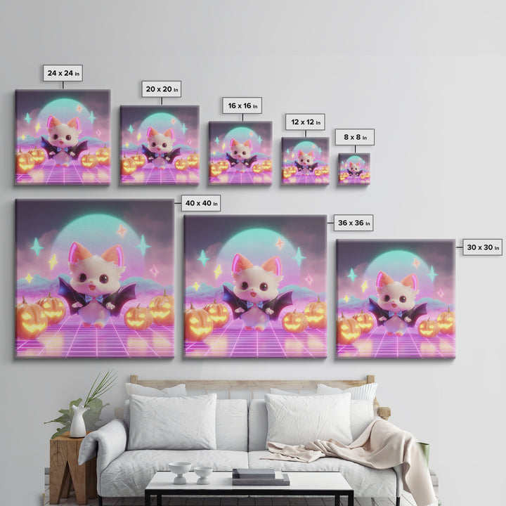 The Kitten Vampire, Vaporwave Halloween Decor, Square Wall Art, Canvas Print, Retro Halloween Decor, Neon Wall Art, Collectible Wall Decor