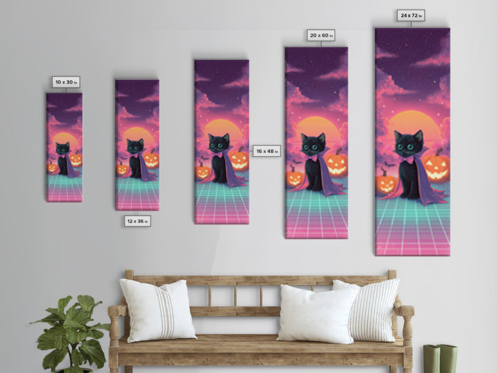 The Kitten Vampire, 80s Halloween Wall Art, Tall Narrow Wall Art, Framed Canvas Print, Retro Halloween Decor, Neon Wall Art