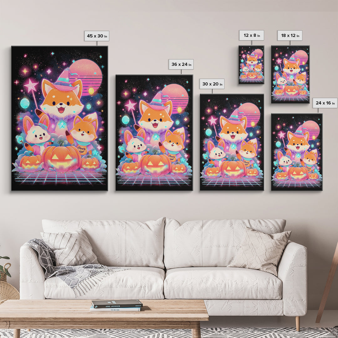 The Fox Wizard, Cute Spooky Neon Art, Vertical Wall Art, Framed Canvas Print, Retro Halloween Decor, Neon Wall Art, Horror Wall Art