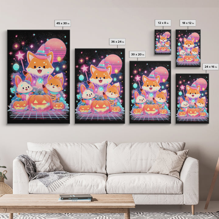 The Fox Wizard, Cute Spooky Neon Art, Vertical Wall Art, Framed Canvas Print, Retro Halloween Decor, Neon Wall Art, Horror Wall Art