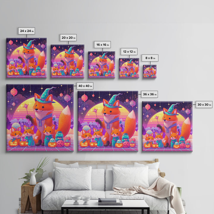 The Fox Wizard, 80s Halloween Wall Art, Square Wall Art, Framed Canvas Print, Retro Halloween Decor, Neon Wall Art, Gothic Home Decor