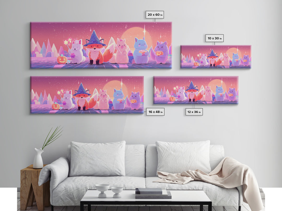 The Fox Wizard, Synthwave Halloween Art, Extra Wide Wall Art, Framed Canvas Print, Retro Halloween Decor, Neon Wall Art, Gothic Home Decor