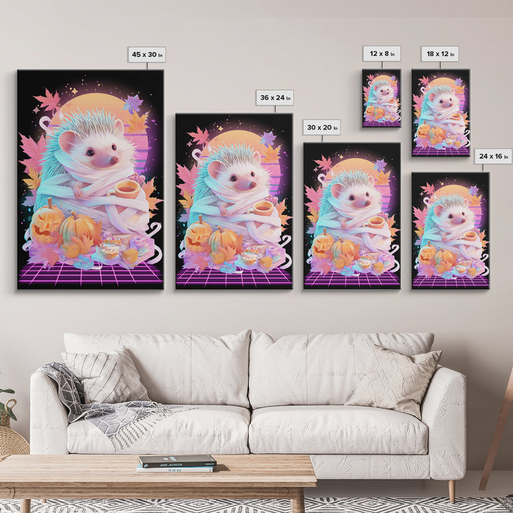 The Hedgehog Mummy, Retro Neon Halloween Art, Vertical Wall Art, Canvas Print, Retro Halloween Decor, Neon Wall Art, Macabre Wall Art