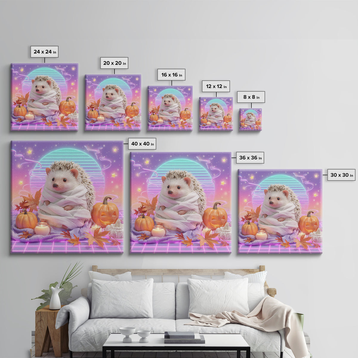 The Hedgehog Mummy, Retro Neon Halloween Art, Square Wall Art, Framed Canvas Print, Retro Halloween Decor, Neon Wall Art