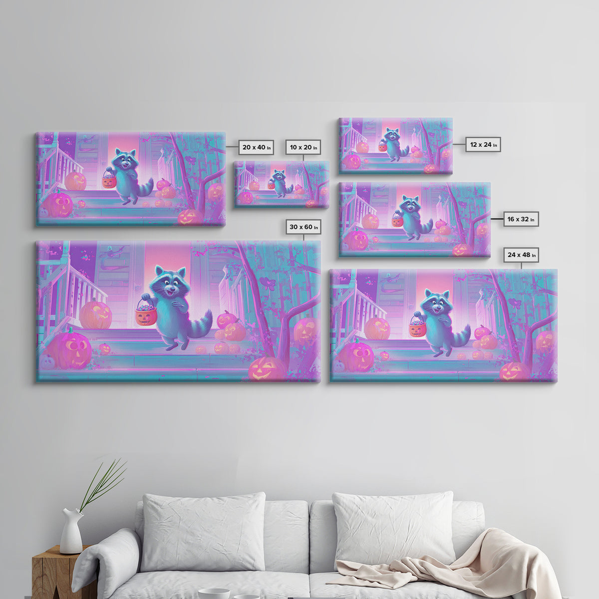 The Raccoon Trick-Or-Treater, Cute Spooky Neon Art, Wide Panoramic Art, Canvas Print, Retro Halloween Decor, Neon Wall Art