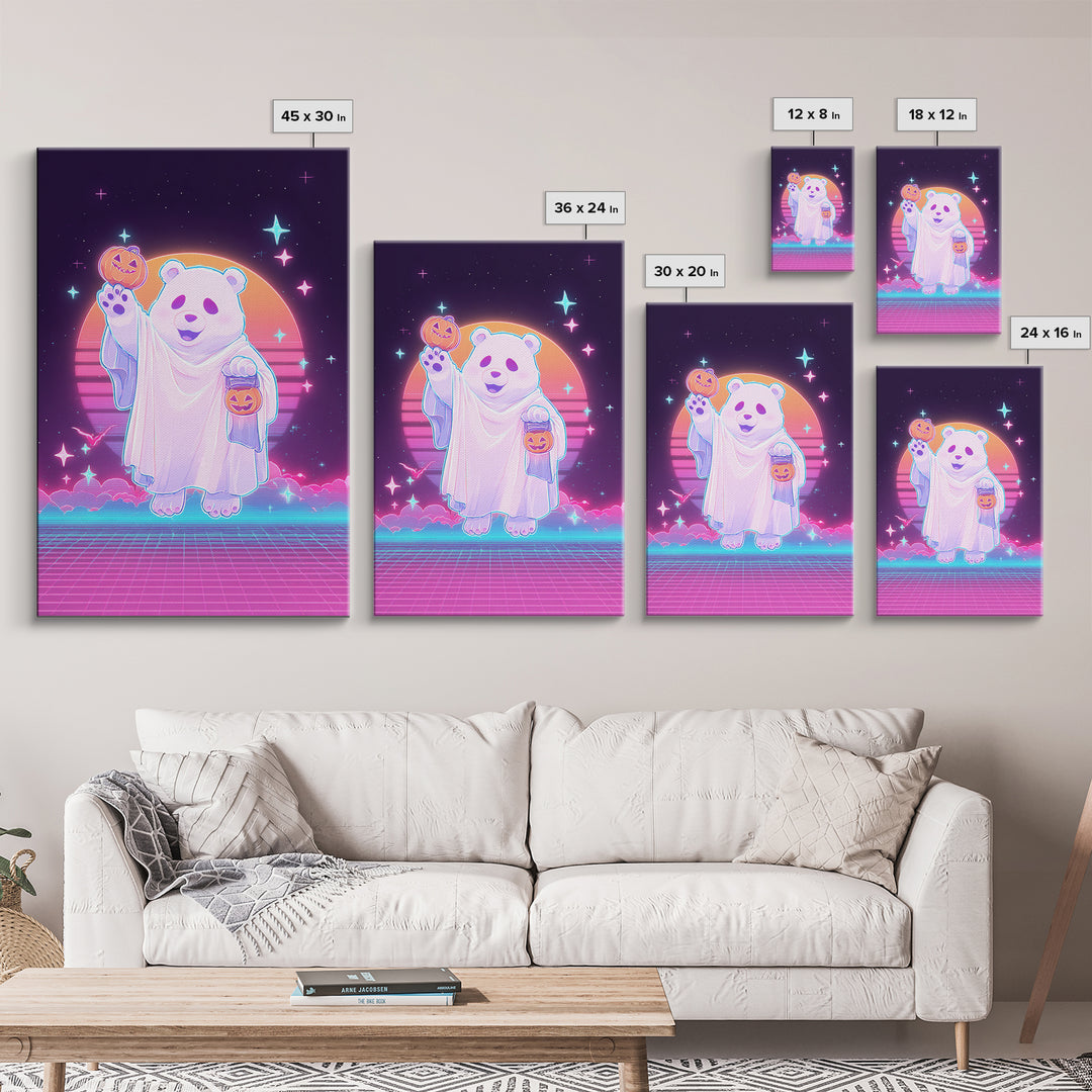 The Bear Cub Ghost, Vaporwave Halloween Decor, Vertical Wall Art, Framed Canvas Print, Retro Halloween Decor, Neon Wall Art, Horror Wall Art