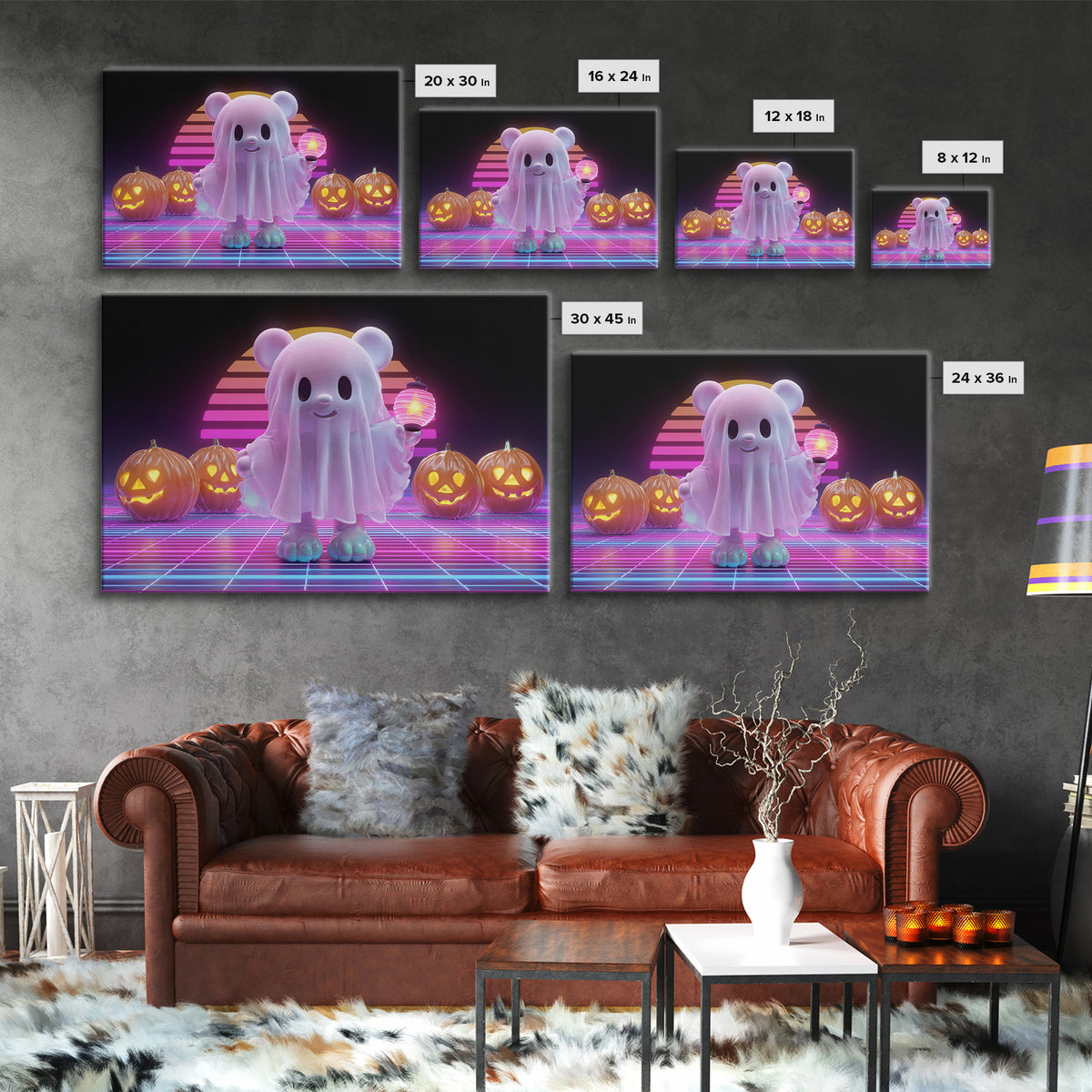 The Bear Cub Ghost, 80s Halloween Wall Art, Landscape Wall Art, Framed Canvas Print, Retro Halloween Decor, Neon Wall Art