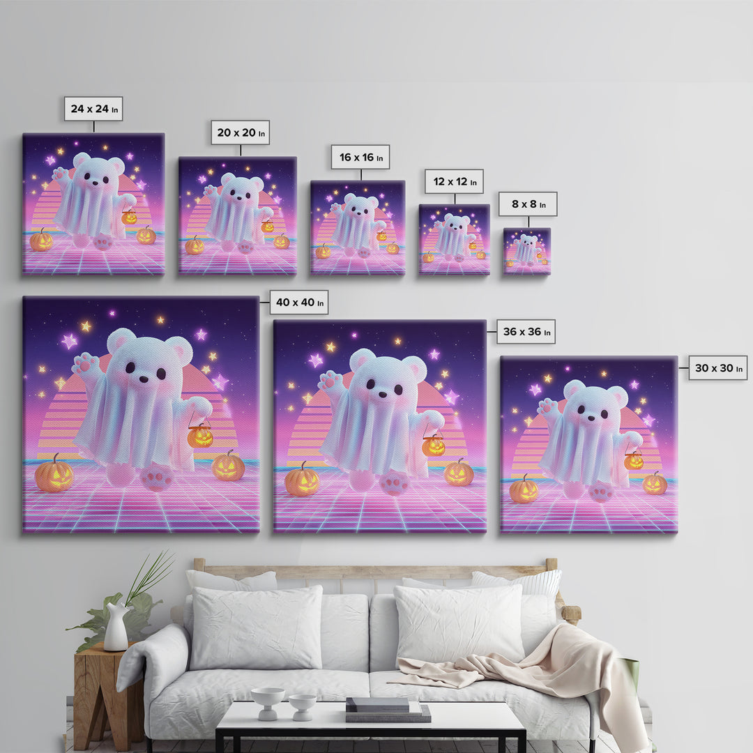 The Bear Cub Ghost, 80s Halloween Wall Art, Square Wall Art, Framed Canvas Print, Retro Halloween Decor, Neon Wall Art