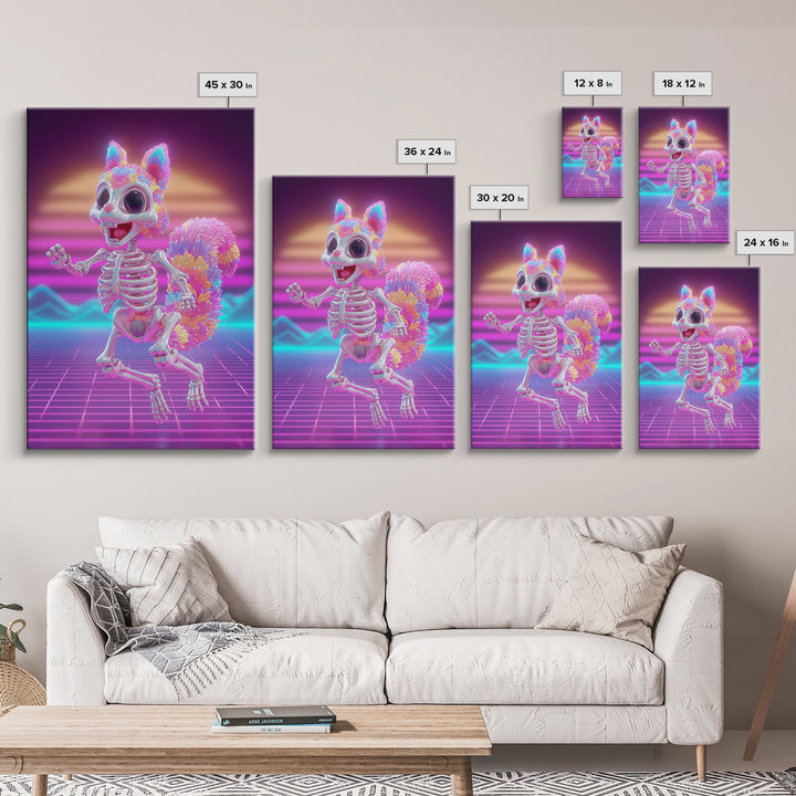 The Squirrel Skeleton, Vaporwave Halloween Decor, Vertical Wall Art, Canvas Print, Retro Halloween Decor, Neon Wall Art